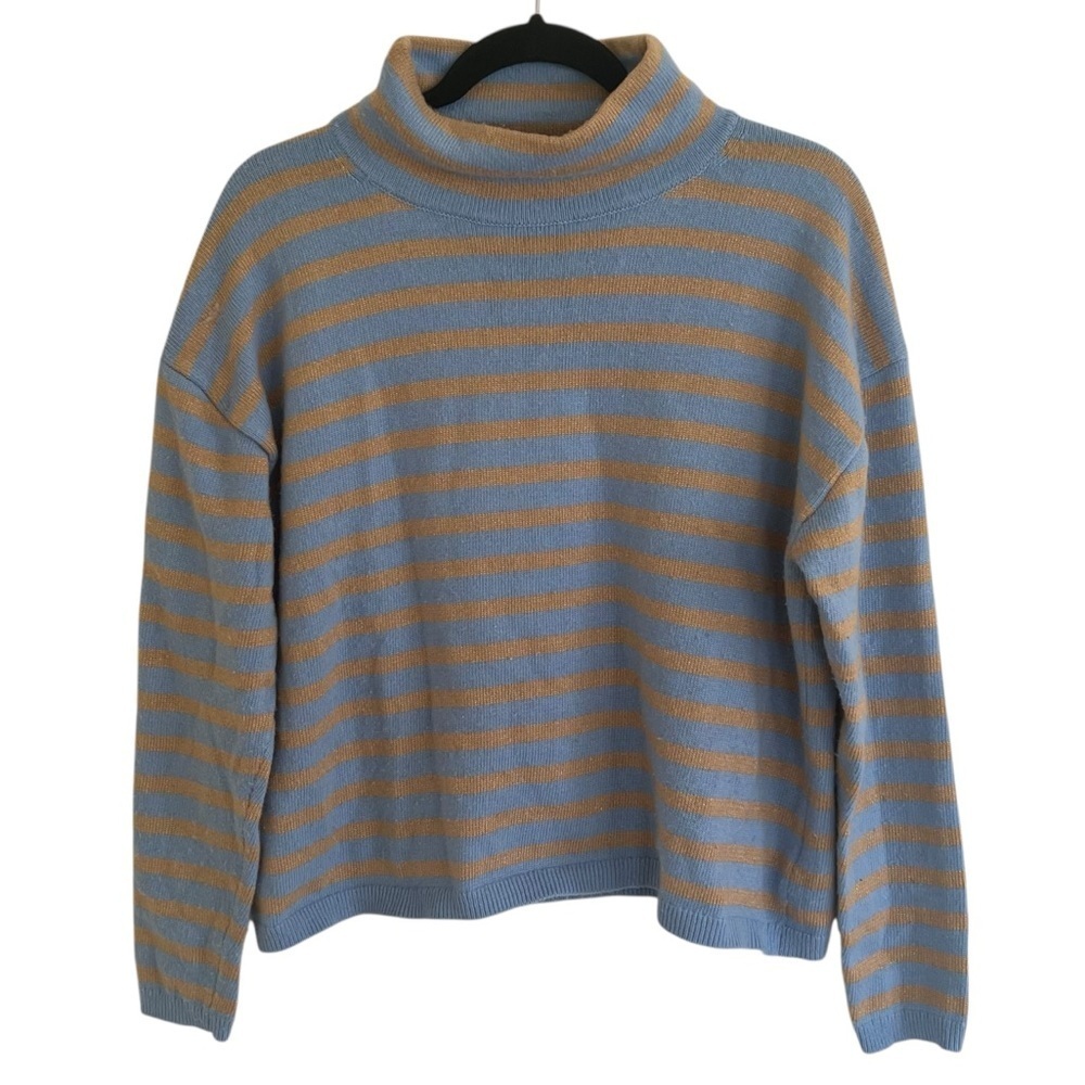 Talbots Blue Gold Metallic Striped Mock Neck Sweater Medium